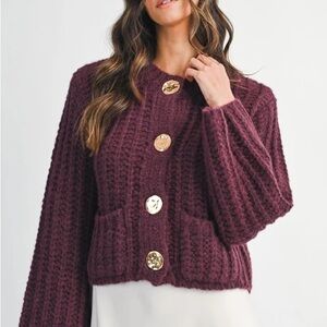 New SIZE S MABLE SAMANTHA CHUNKY CARDI IN Burgundy Button-Up Sweater